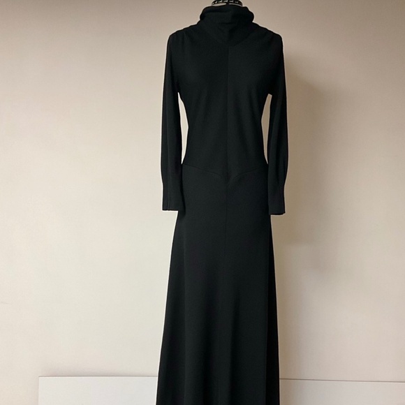Vintage Black Maxi Dress with Draped Cowl Neck – Long Sleeve Elegant Minimalist - Picture 1 of 8